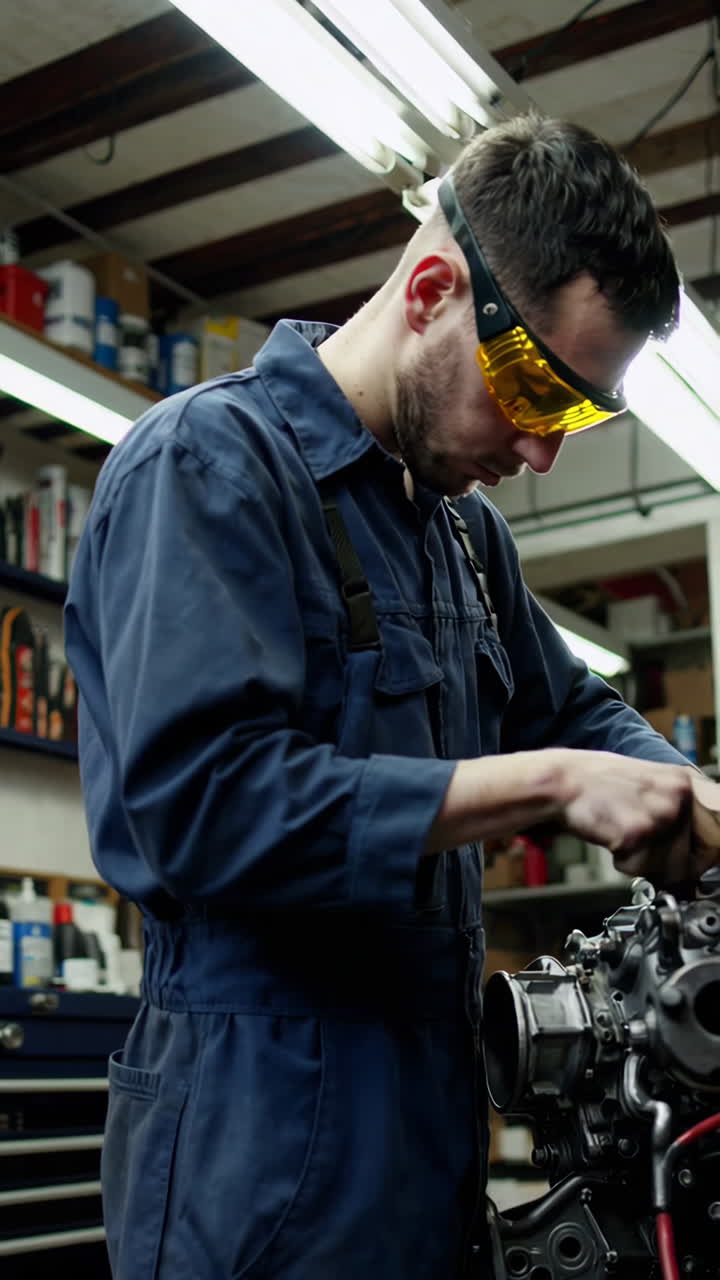 Mechanic working on car engine in garage
