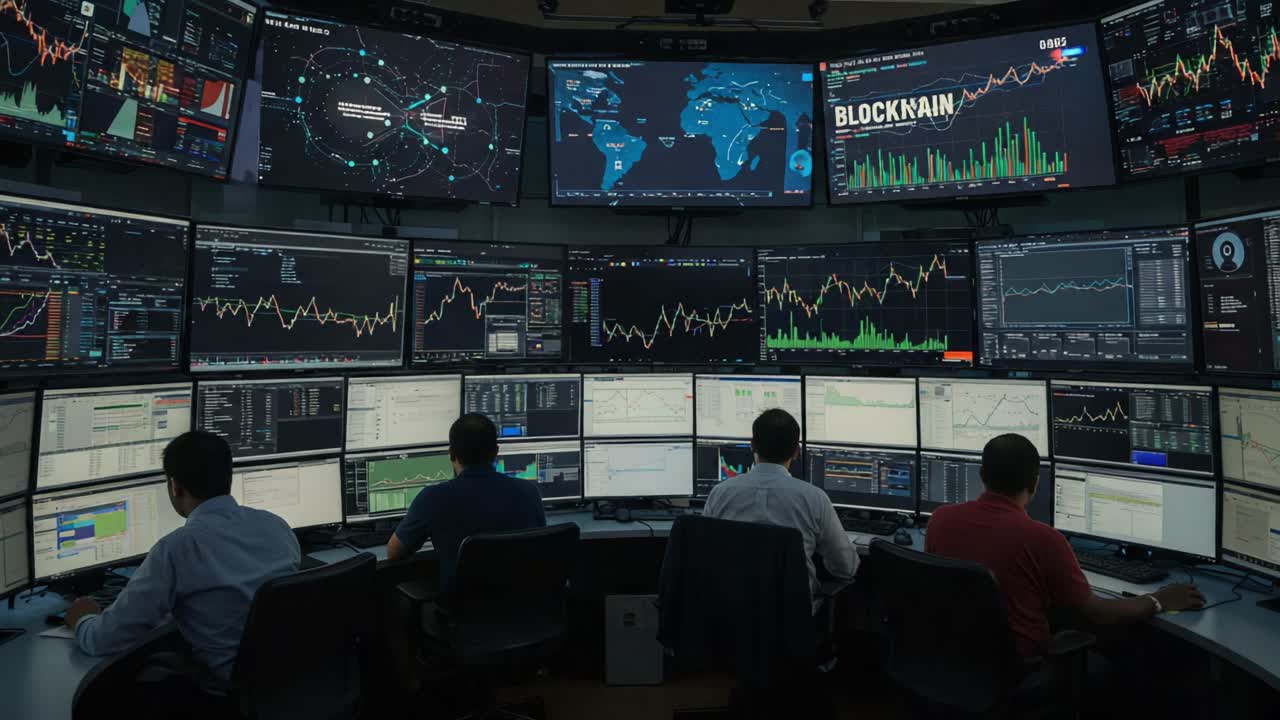 Futuristic Trading Floor: Analysts Engaged in Real-Time Data Analysis ...