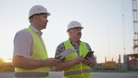 Zwei-Ingenieure-Diskutieren-Auf-Einer-Baustelle-über-Ein-Projekt.-Ein-Arbeiter-Trägt-Bei-Sonnenuntergang-Einen-Helm