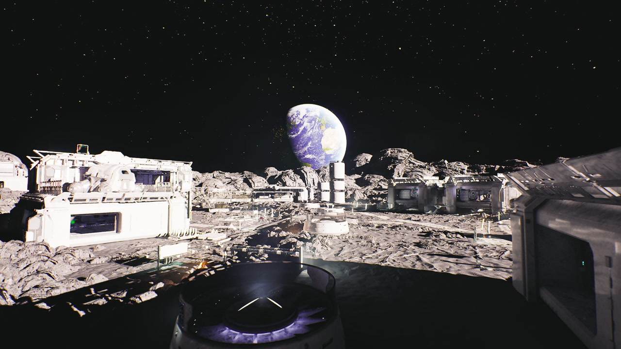 Industrial area on moon featuring earth in sky and starry surroundings