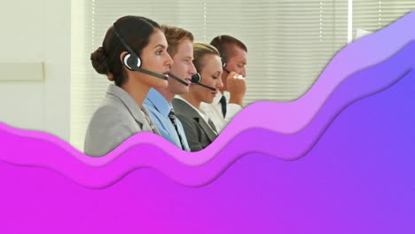 Animation-of-purple-wave-over-business-people-wearing-phone-headsets