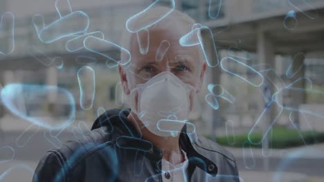animación de células de covid-19 moviéndose sobre un hombre con una máscara facial
