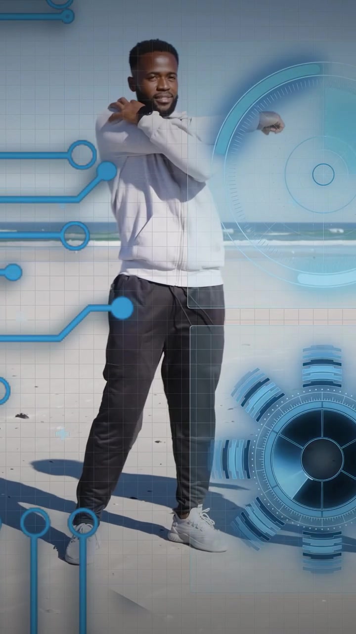 Vertical video: Man slowing after partner exits stretching to cool on beach with tech HUD aligning
