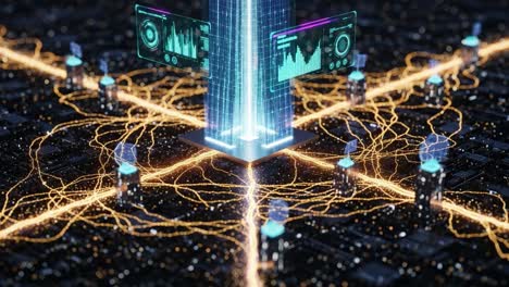 exploring the future of connectivity: a visual representation of data flow through a centralized network with dynamic graphs and illuminated paths