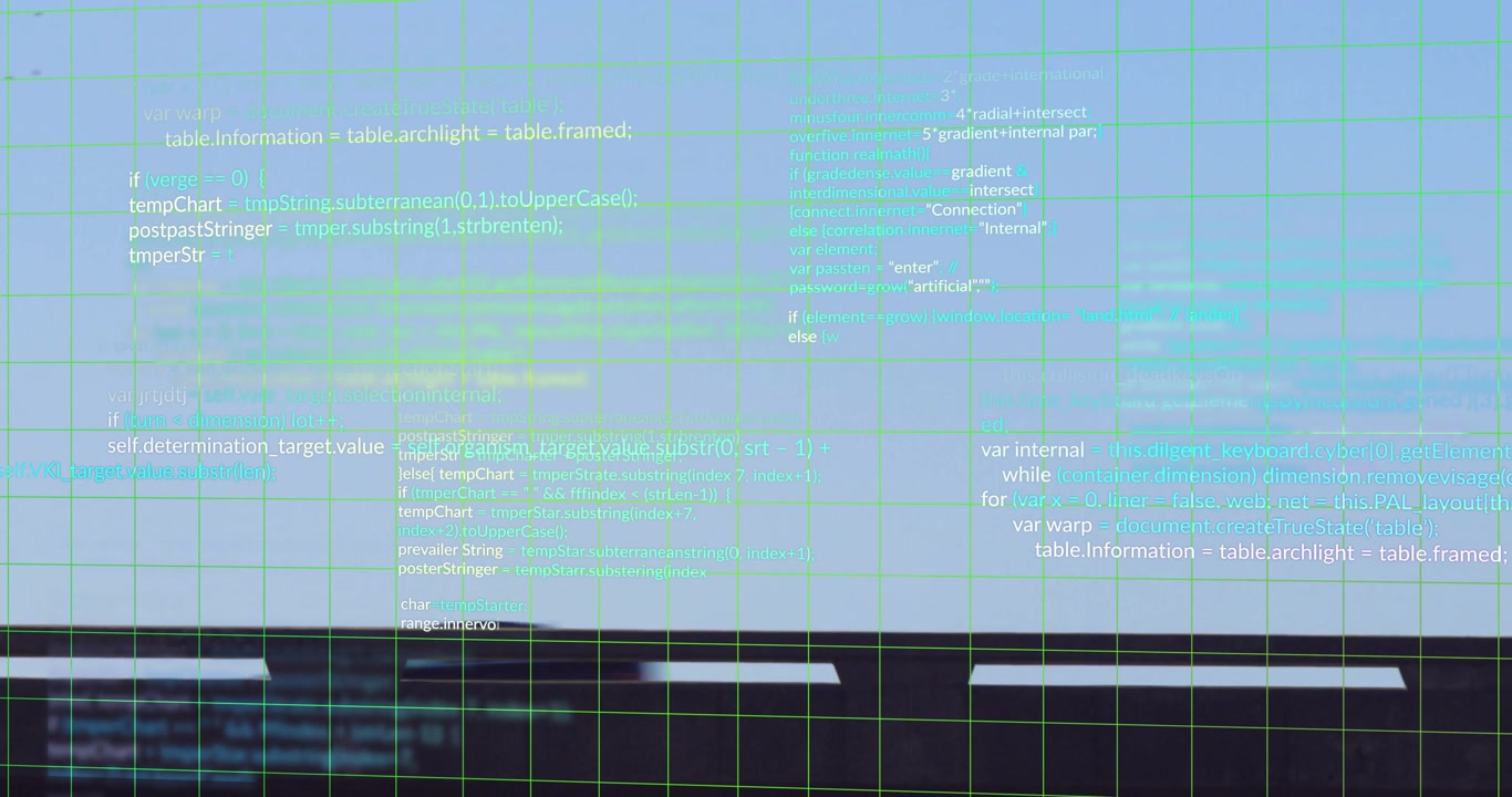 Green grid lines appearing and code blocks scrolling with dark train car gliding left showing data