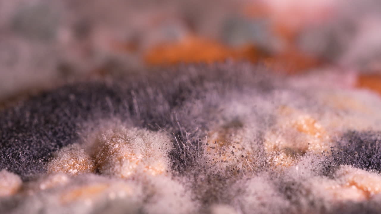 Macro close-up of fuzzy black and white mold colonies growing on rotten melon skin, food spoilage process