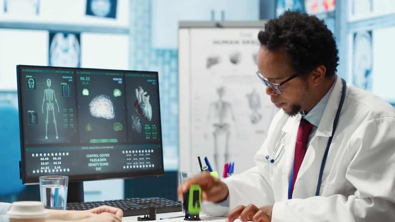 Physician recommending vitamins and painkillers on medical insurance