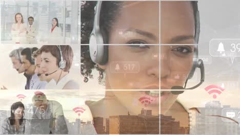 Animation-Der-Finanzdatenverarbeitung-über-Einer-Geschäftsfrau-Mit-Headset