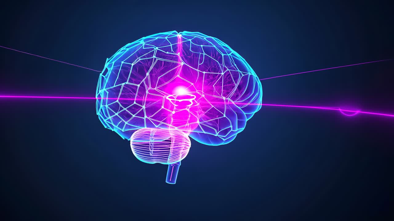 Receiving magenta beam, 3D brain model scanning layers revealing core glow in abstract space