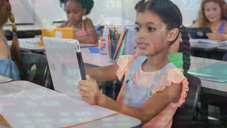 Animación-De-Una-Niña-Asiática-Usando-Una-Computadora-Portátil-Digital-En-El-Aula-Sobre-Un-Tablero-De-Comercio-Y-Un-Globo-Terráqueo