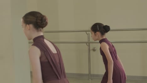 검은색 댄스웨어를 입은 젊은 발레 학생들이 나무 바닥과 벽에 장착된 바를 가진 넓은 발레 스튜디오에서 자세를 연습하는 그룹.
