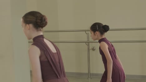 a group of young ballet students in black dancewear practicing positions in a spacious ballet studio with wooden flooring and wall-mounted barres. focused expressions and synchronized movements.