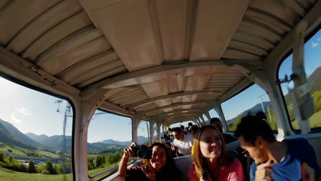 group of friends enjoying a scenic bus tour through the mountains