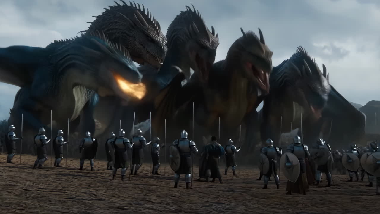 Epic Confrontation: Dragons Battle Armored Knights on a Barren Battlefield