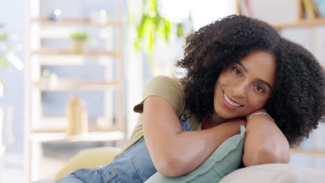 Face,-smile-and-woman-relax-in-living-room