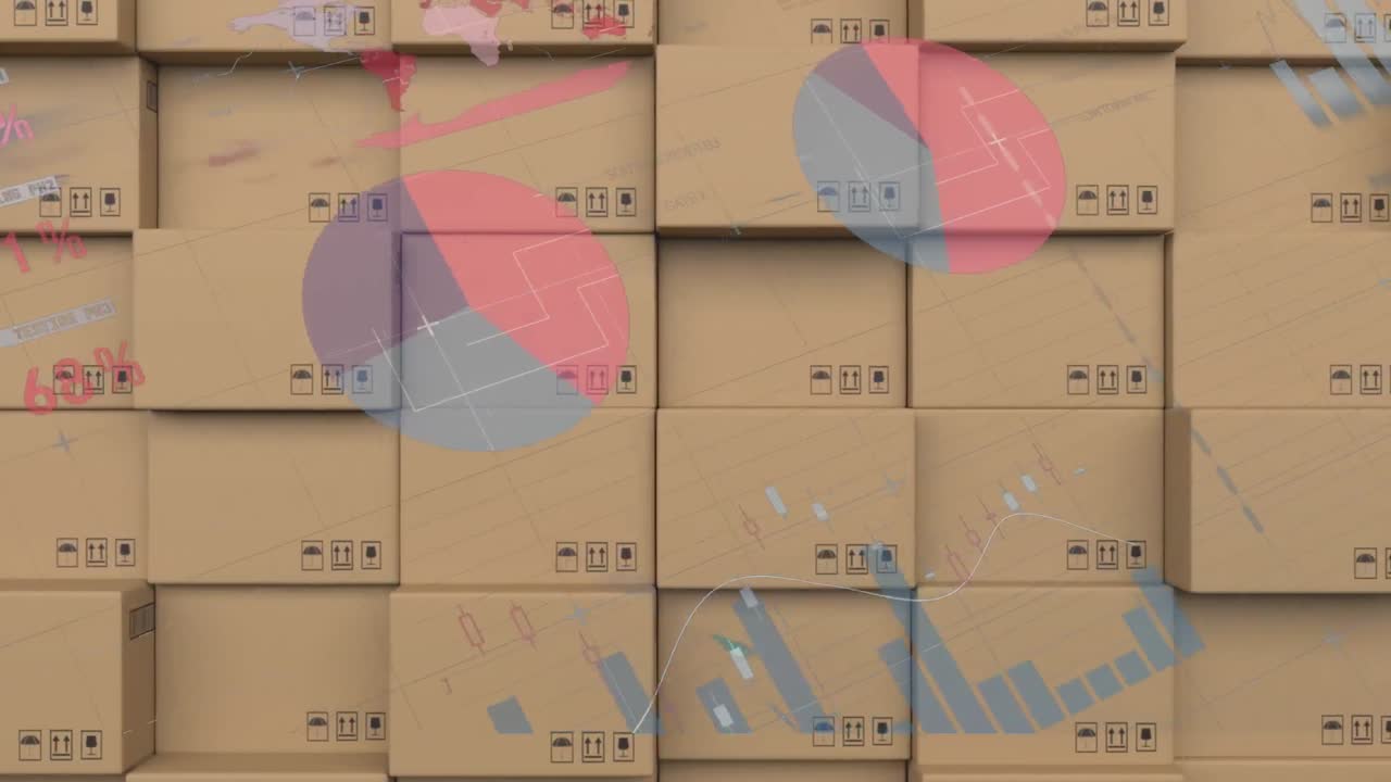 Animation of statistics processing over stack of cardboard boxes in background
