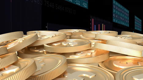 stacks of golden coins over financial data animation