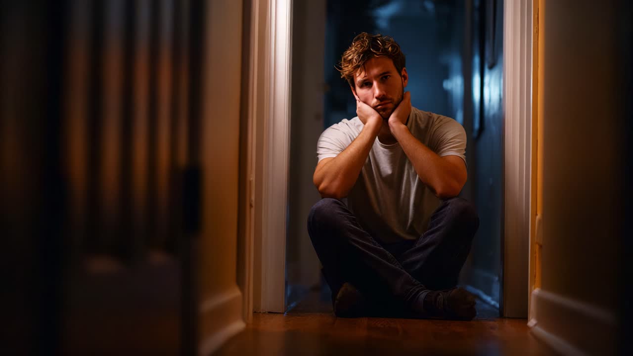 A contemplative moment captured in two frames, showcasing a young man sitting on the floor in a dimly lit hallway, lost in thought and reflecting on his emotions