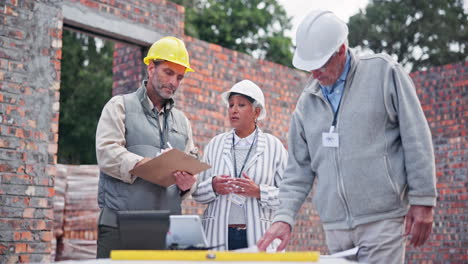 construction workers reviewing plans at a construction site
