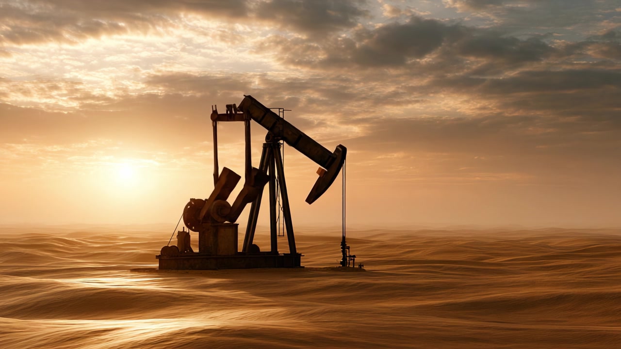 An isolated oil pumpjack stands against a breathtaking sunset backdrop, symbolizing the extraction of fossil fuels in a barren landscape filled with golden sands.
