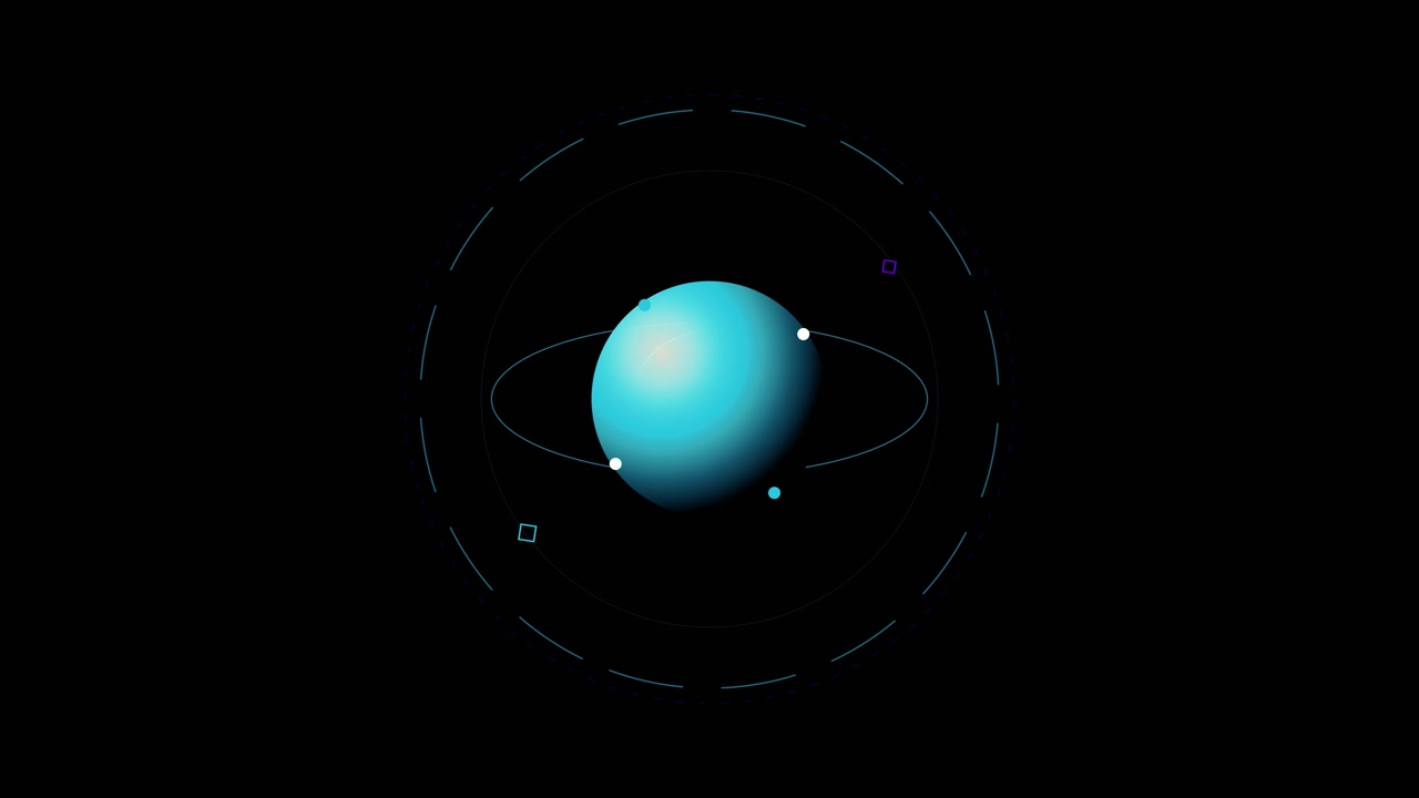 Animazione 3D astratta di una sfera blu rotante con anelli orbitali