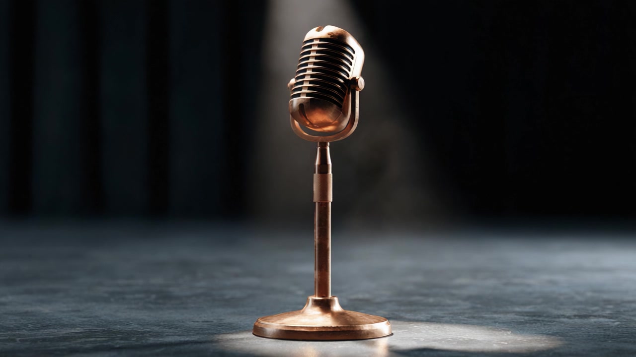 A Stunning Close-Up of a Vintage Microphone Under Spotlight, Capturing the Elegance and Timelessness of Classic Audio Equipment in a Dramatic Setting