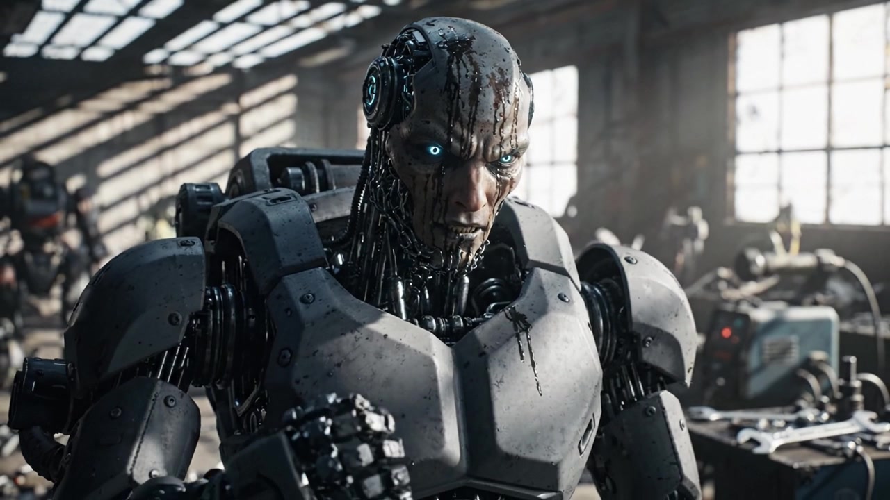 Et nærbillede af en futuristisk cyborg med glødende blå øjne, der viser indviklet maskineri og en realistisk, kamp-slidt tekstur i et dæmpet oplyst industrimiljø