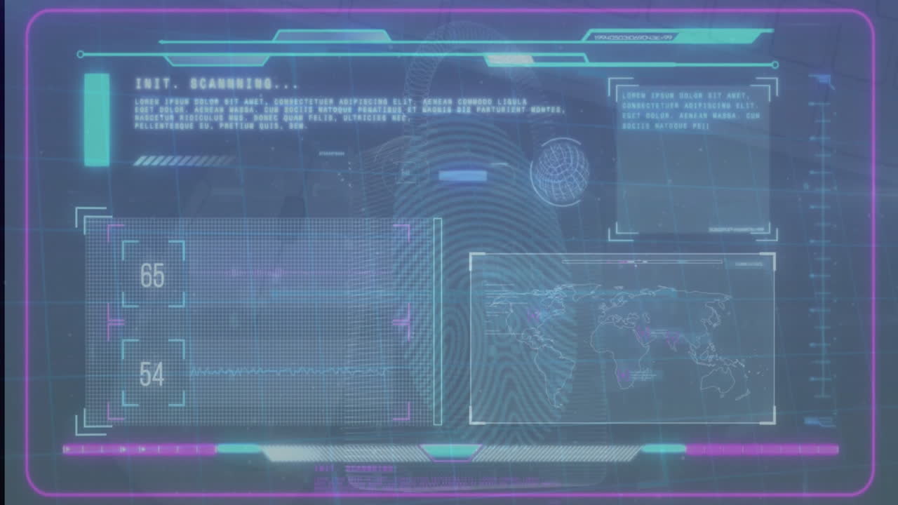 Animation of data processing with fingerprint on blue background