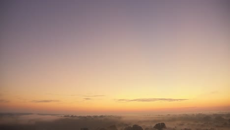 tilt down from early dawn sky revealing misty tambopata national reserve jungle