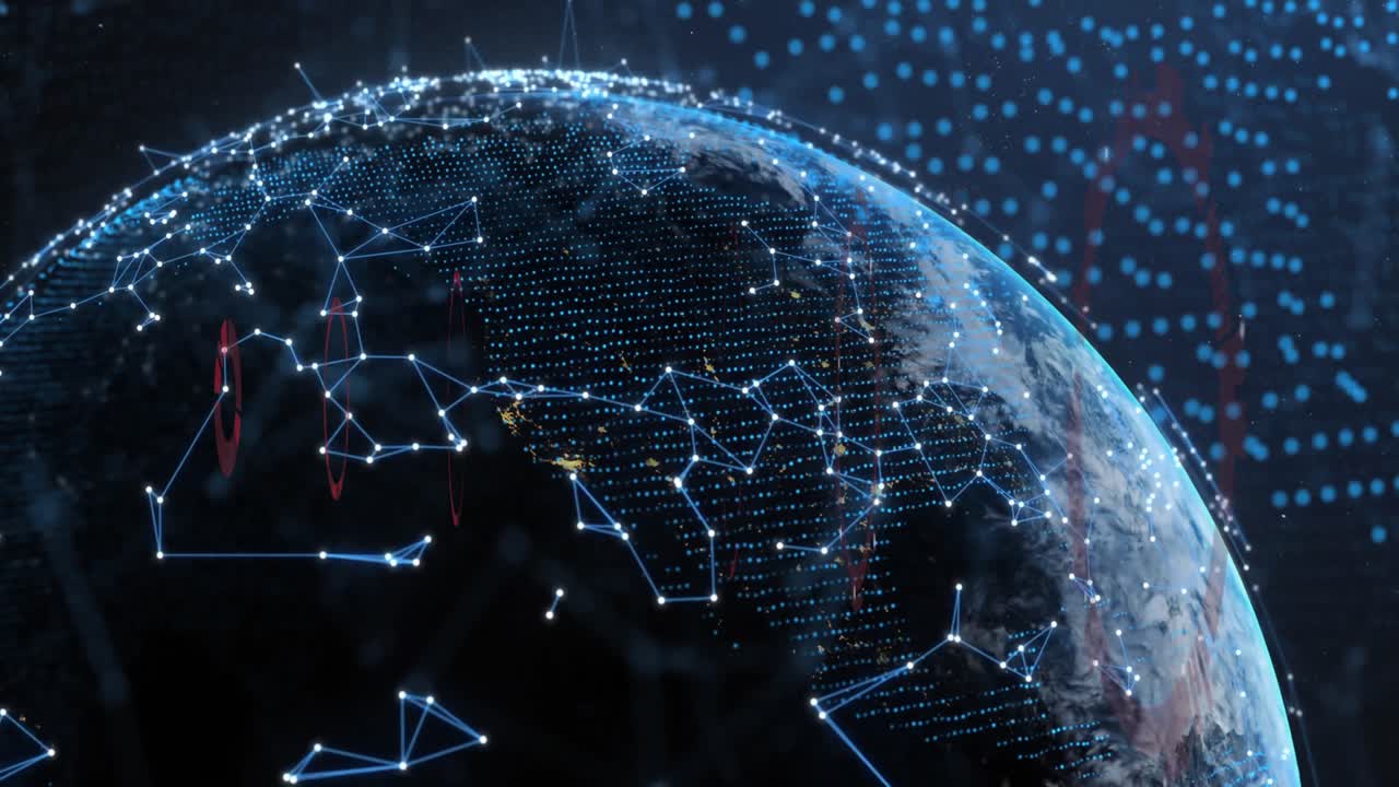 Animation of network of connections and round scanners over spinning globe against blue background
