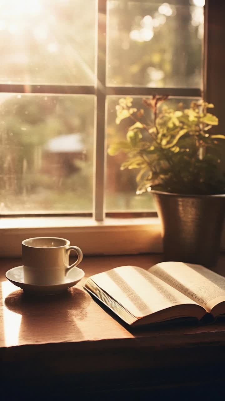 Warm, nostalgic video concept with a low-angle view of a coffee cup and open book on a sunlit