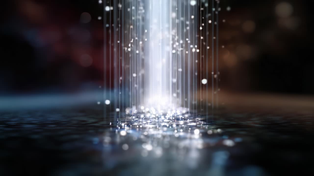A mesmerizing cascade of light and shimmering particles falls gracefully into a tranquil body of water, creating a serene atmosphere of beauty and wonder