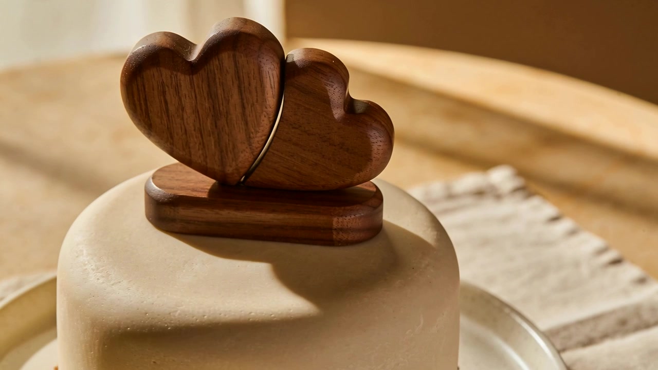 Moving camera revealing small round frosted cake on round wooden table, highlighting wooden topper
