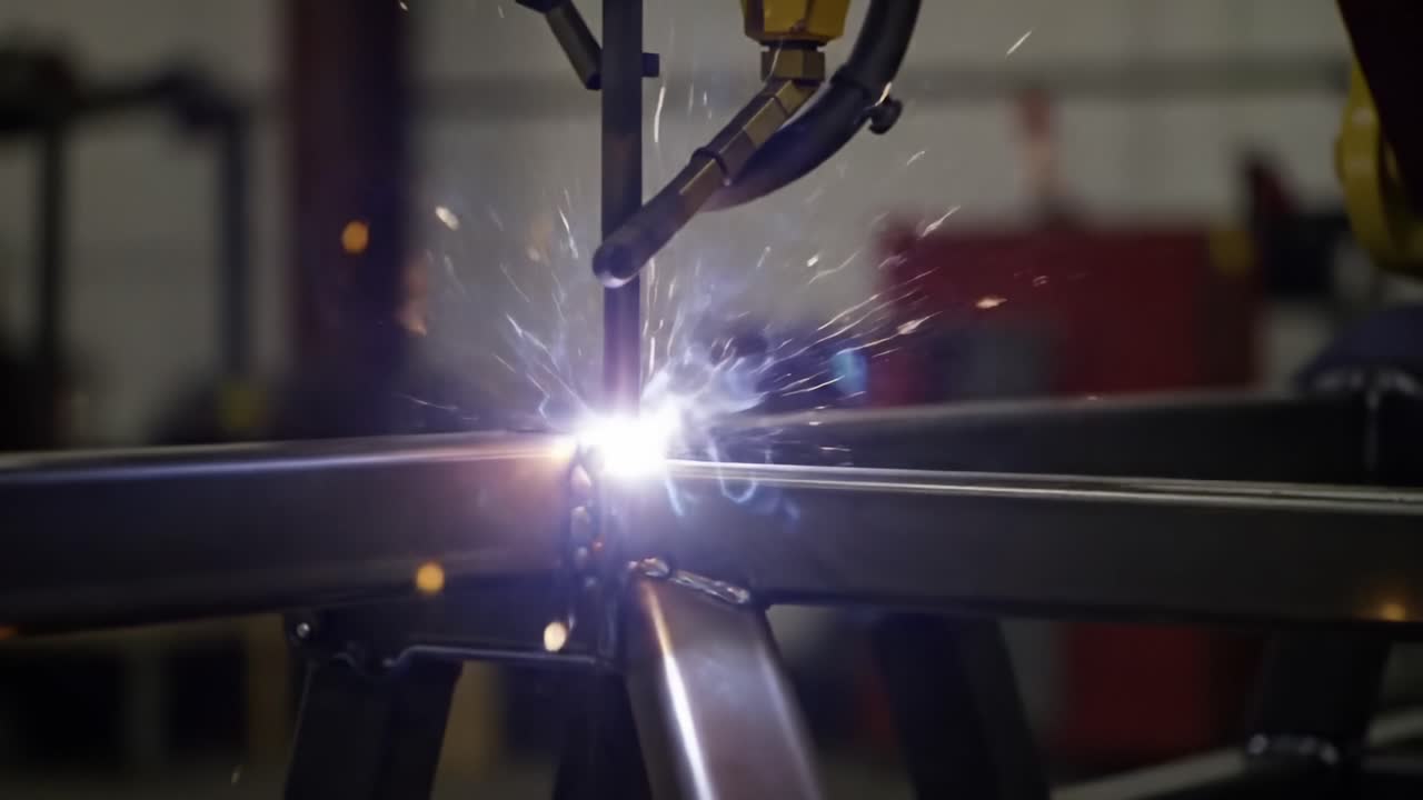 Close-Up of Robotic Welding Process Emitting Sparks as Metal Joins, Showcasing Precision and Technology in Industrial Manufacturing Environments