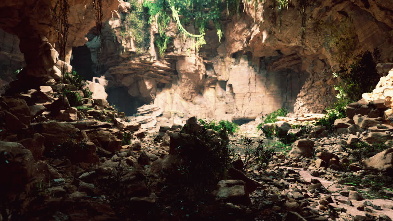 Exploring a stunning cave with natural light and lush vegetation