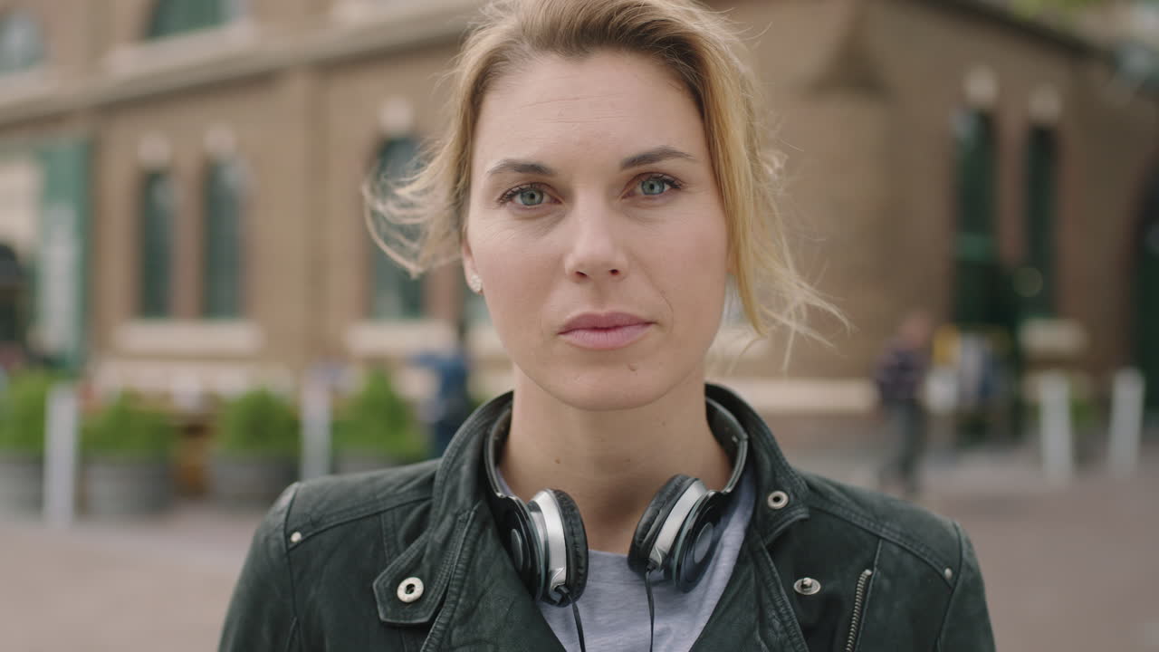 retrato de una mujer rubia independiente que parece seria mirando intensamente con auriculares en el fondo de la ciudad urbana