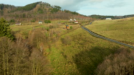 Aerial-overview-of-leafless-tree-branches-casting-shadows-across-grassy-hillside