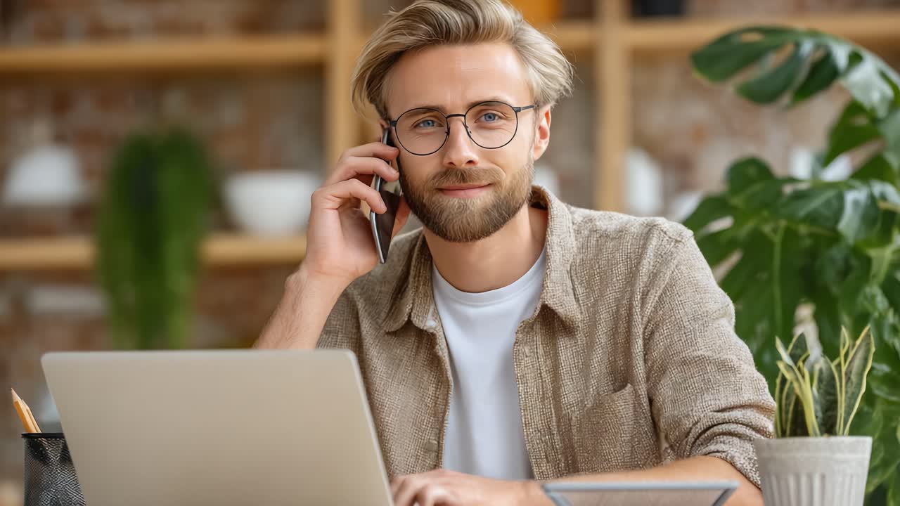 Engageret i samtale: En tænksom ung mand i telefonen, mens han arbejder på sin bærbare computer i et moderne og stilfuldt hjemmekontormiljø