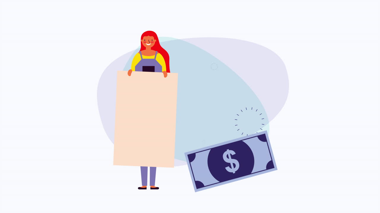 ung forretningskvinde med informationsbanner og dollarseddel