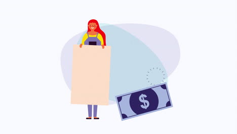 joven mujer de negocios con una pancarta de información y un billete de dólar
