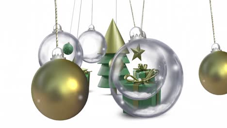 animation of baubles over christmas decorations on white background