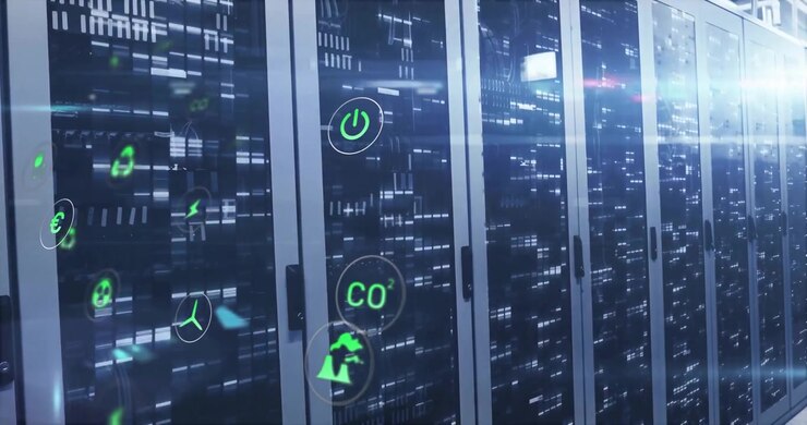 Server cabinets running glowing eco energy icons through glass doors in flat design corridor