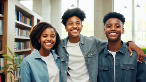 three cheerful students stand together in a library, smiling and enjoying their time studying. their happiness reflects the joy of learning and friendship in an academic environment