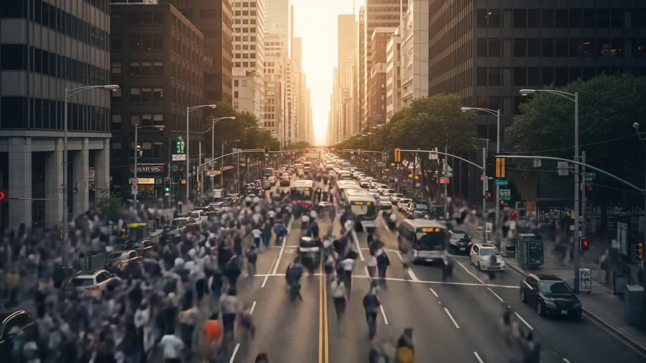 The Dynamic Flow of City Life: A Bustling Intersection Filled with Pedestrians and Vehicles at Sunset in an Urban Environment