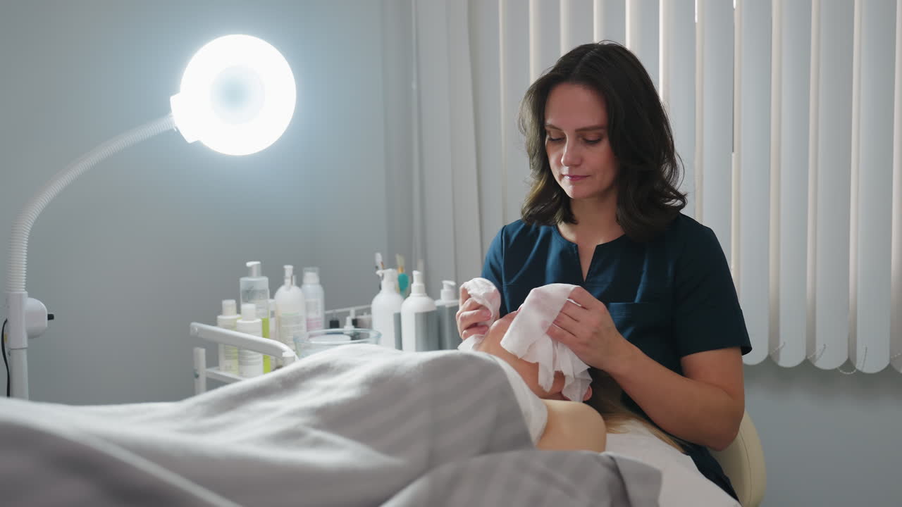 Massage therapist uses wet wipe to cleanse patient face, patient relaxing with eyes closed while illuminated by ring light in clinical spa environment, skincare treatment scene captured in close up