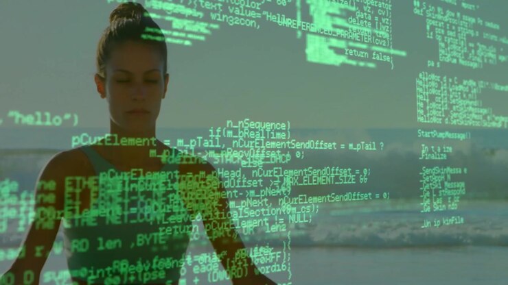 Woman meditating on beach for health, code overlay rising across body breaking fading revealing sea