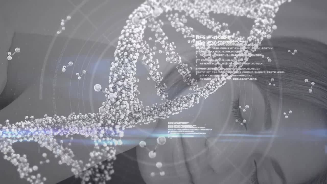 색 여성이 누워있는 애니메이션, 떠다니는 뉴클레오티드, dna 나선, 분자 세포