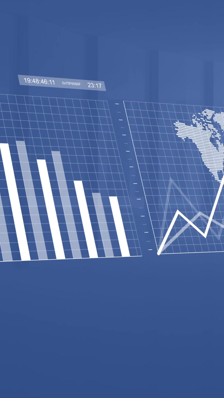 Animazione di elaborazione dati e statistiche su sfondo blu