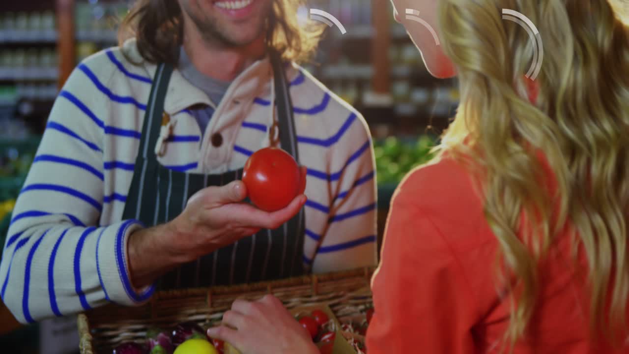 Vendor offering tomato at produce stall activating HUD animating rings, updating stock Limit counts