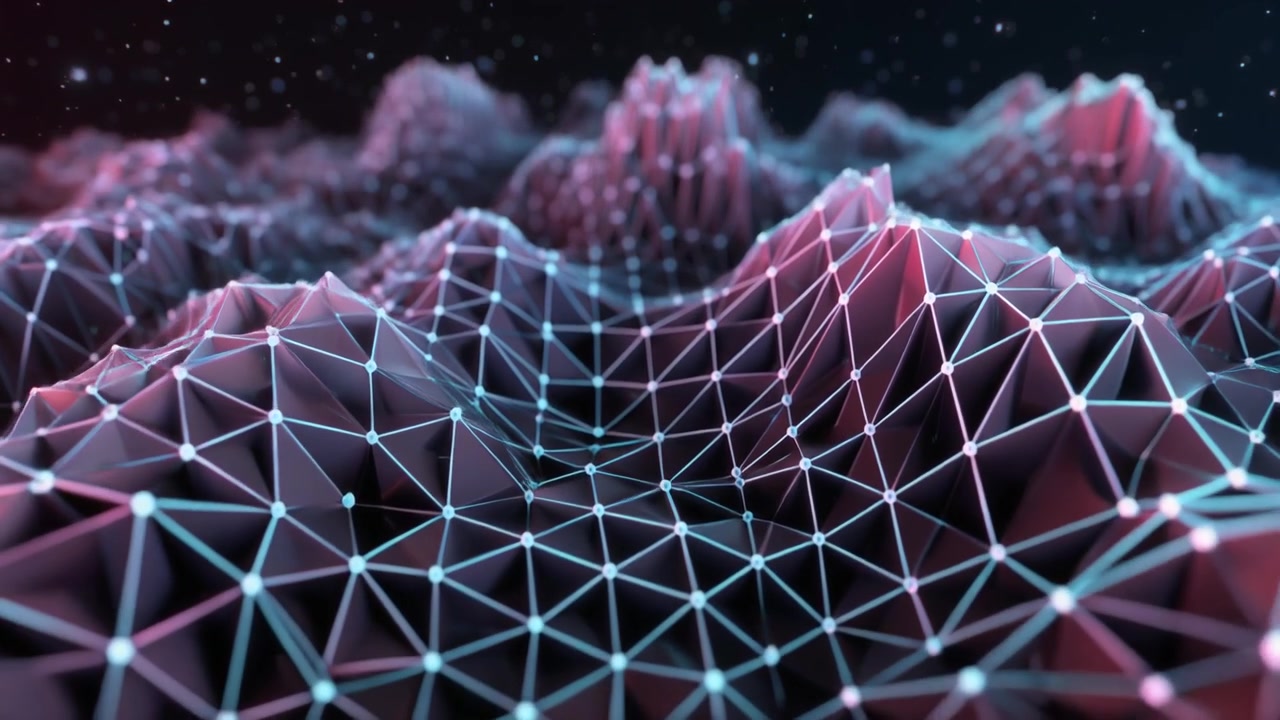 Abstract Digital Terrain with Glowing Network Nodes and Connections